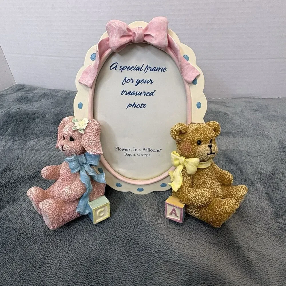 Vintage Baby’s Room Oval Picture Frame Pink Bow Bunny & Bear Fits 3x5 Cottage